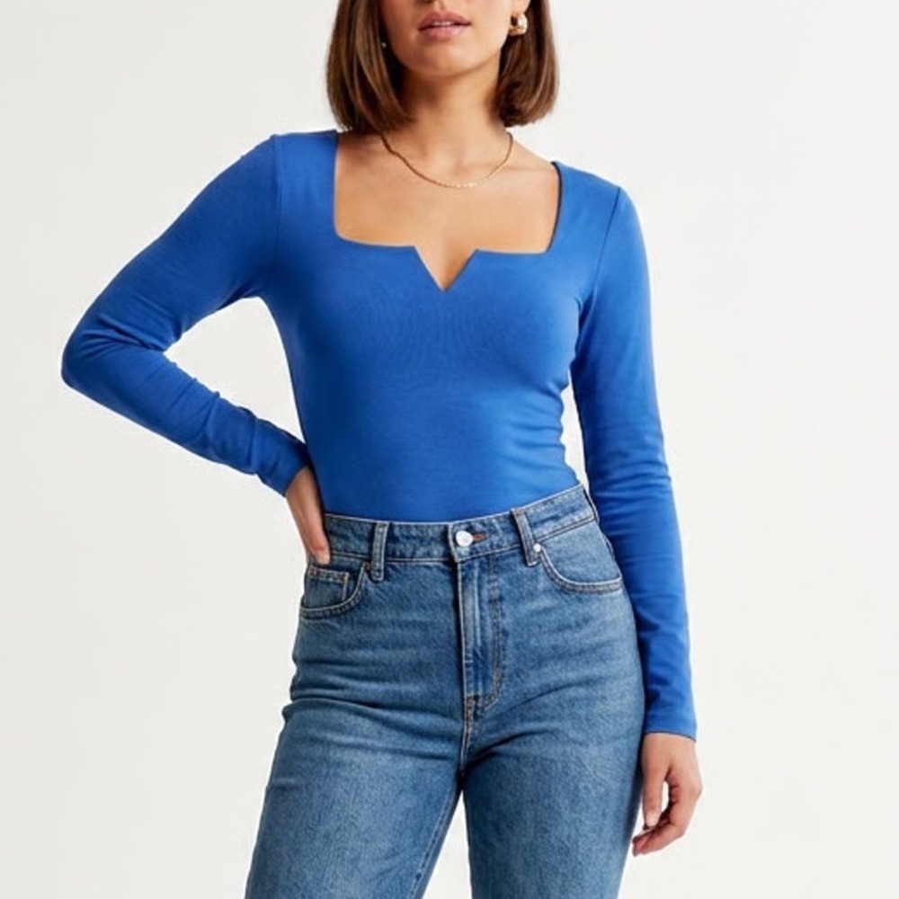 Saungkuai Bodysuit One Piece Womens XL Blue Rayon Stretch Split Neck Long Sleeve